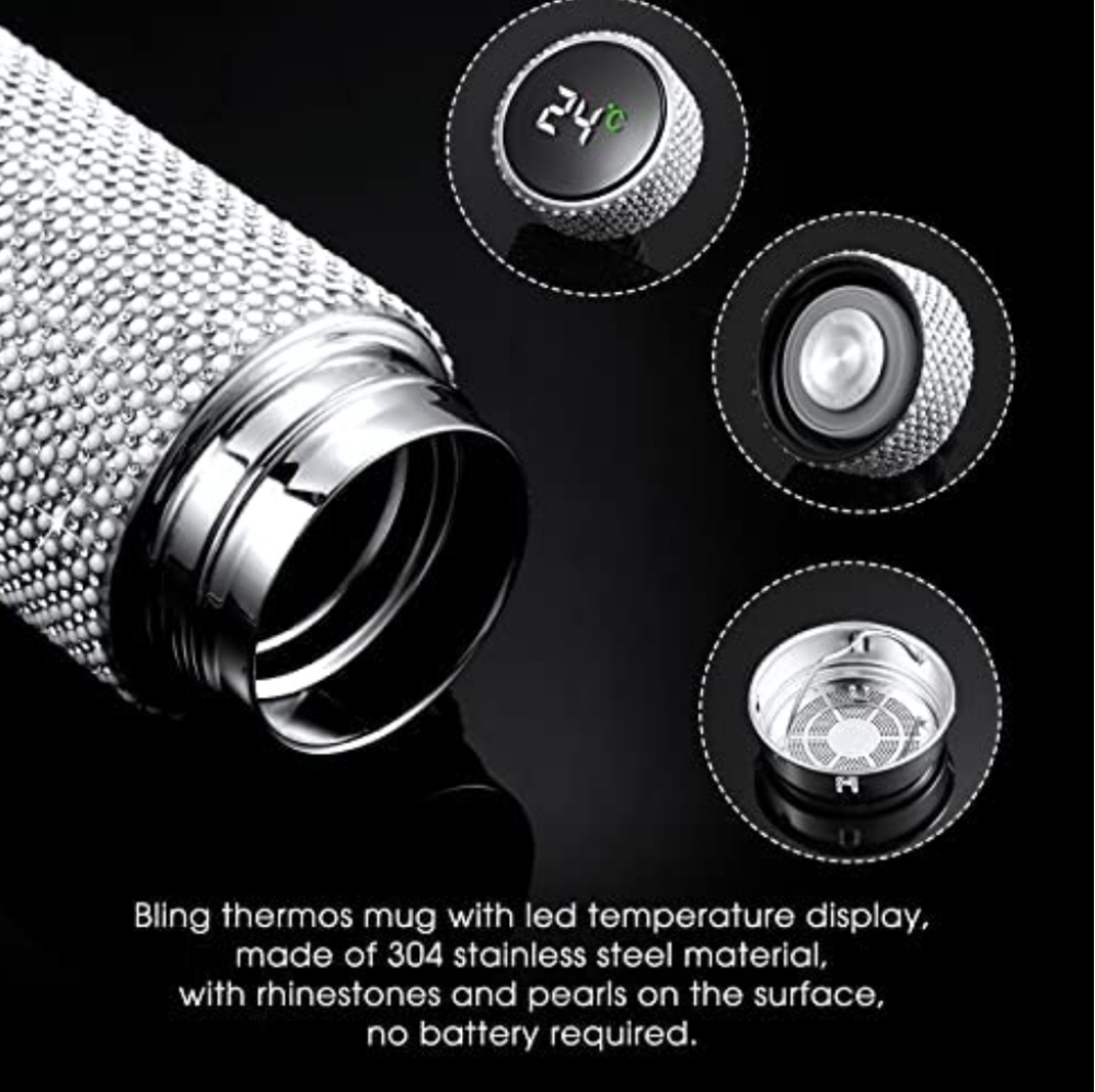 Silver Blinged Out Stainless Steel LED Temperature Display Tumbler /Tea Infuser - Picture 2 of 7